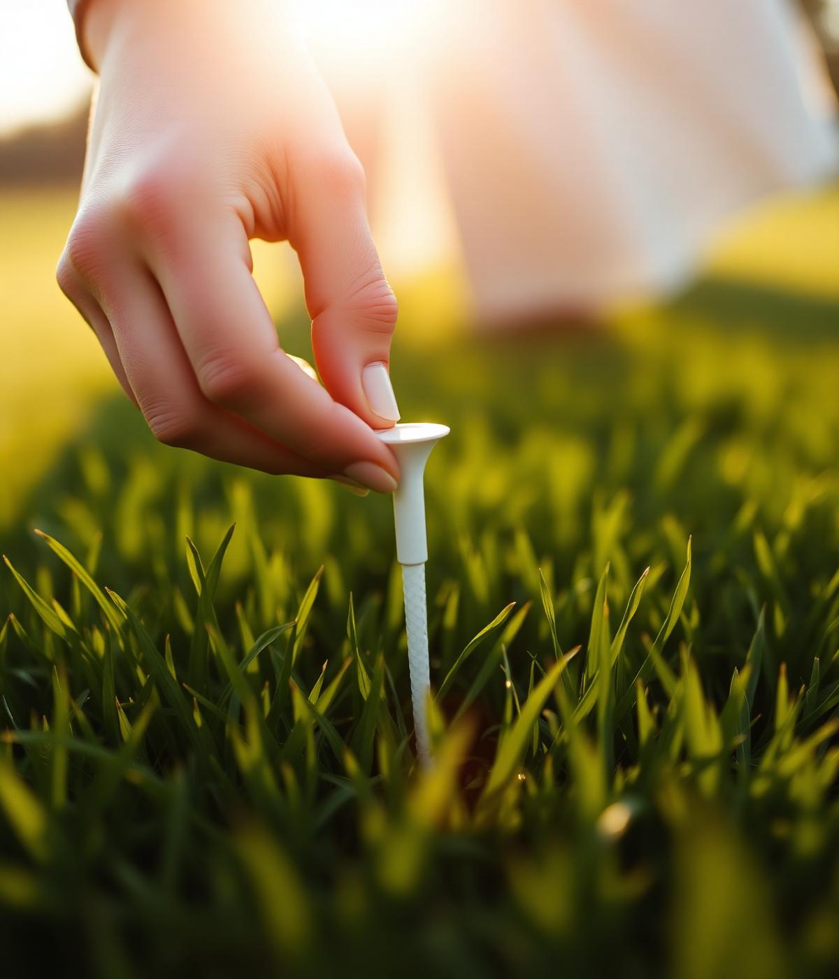 A hand placing a tee in the grass